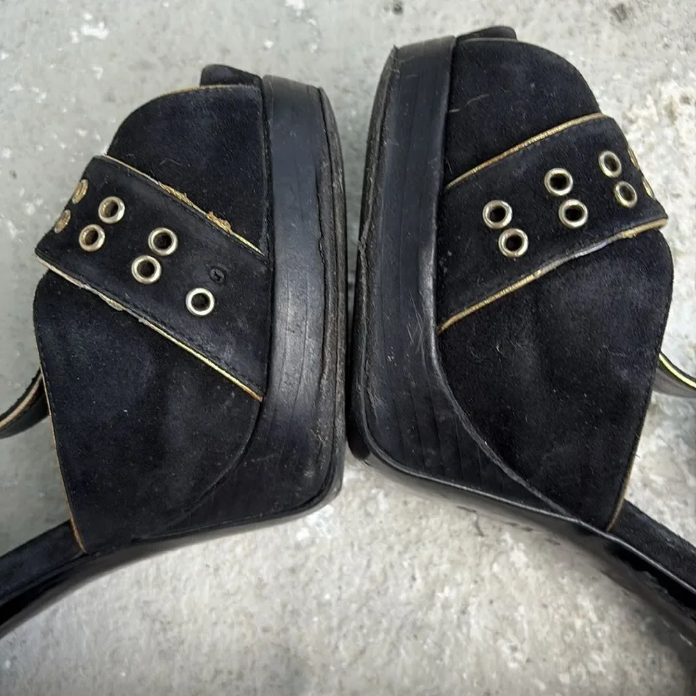 Fendi T strap suede platforms with gold grommets